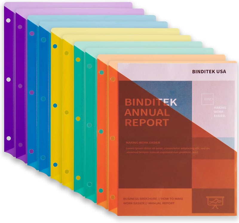 Binditek 10 Pack Poly Slash File Jackets for 3 Ring Binder, 3-Hole Punched Binder Pockets Organizer, Letter Size, 5 Assorted Colors, for Students and Coworkers - Image 1